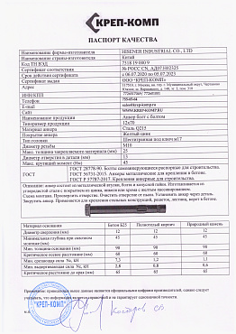 Сертификат соответствия на анкер болт с болтом 19